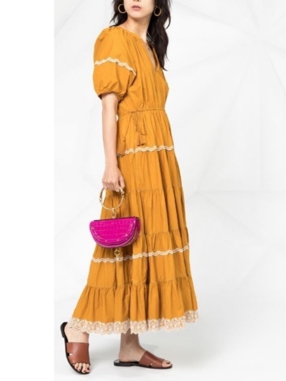 Ulla Johnson Claribel Tiered Dress in Yellow with Lace Trim